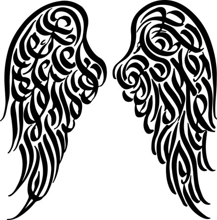 A striking black silhouette of two ornate, tribal-style angel wings. The intricate, swirling patterns create a distinctive and artistic representation.のイラスト素材