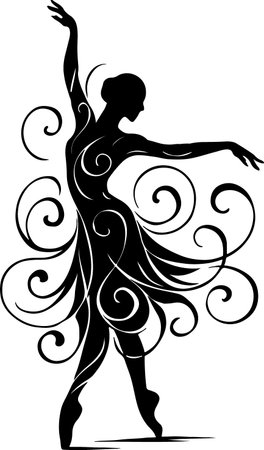 A striking black silhouette of a ballet dancer in a dynamic pose, adorned with intricate swirling patterns, creating a sense of movement and grace.のイラスト素材