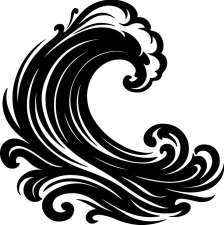 A striking black silhouette of a powerful, curling ocean wave. The distinctive silhouette style emphasizes the dynamic movement and spray of the water.のイラスト素材
