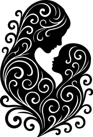 A striking black silhouette of a mother holding her child, intricately adorned with decorative swirling patterns. This artistic representation highlights the tender bond.のイラスト素材