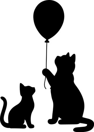 A silhouette of two cats, one larger, reaching for a balloon held by a string.のイラスト素材