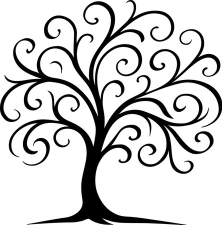 A striking black silhouette of a stylized tree with intricate, swirling branches and leaves. The artistic silhouette style emphasizes its decorative and symbolic nature.のイラスト素材