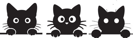 Three stylized black cat silhouettes with large, round eyes and pointy ears are shown from the chest up.のイラスト素材
