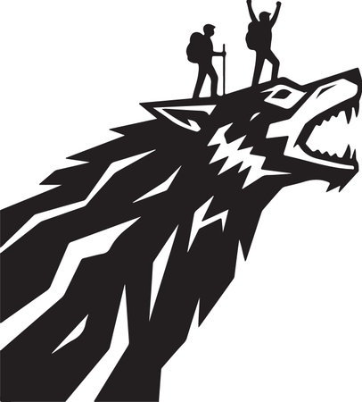 Two hikers celebrate atop a stylized, roaring wolf's head, symbolizing victory and overcoming challenges in nature.のイラスト素材