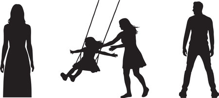 Three black silhouettes depict a family: a woman on a swing with a child and two standing figures.のイラスト素材