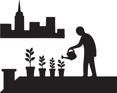 A person waters potted plants on a rooftop garden against a backdrop of a city skyline silhouette.のイラスト素材