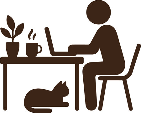 A silhouette of a person working on a laptop at a desk with a plant, coffee mug, and a cat nearby.のイラスト素材