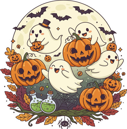 Halloween vector illustration with pumpkins, ghosts and bats. Vector illustrationのイラスト素材