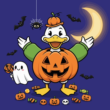 Halloween pumpkin with ghost, bat, ghost and candy. Vector illustration.のイラスト素材