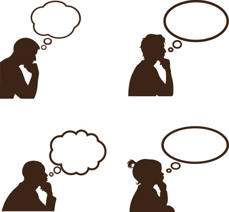 A collection of four distinct human silhouettes, each deep in thought with an empty speech bubble above their heads. The silhouette style is a key visual element.のイラスト素材