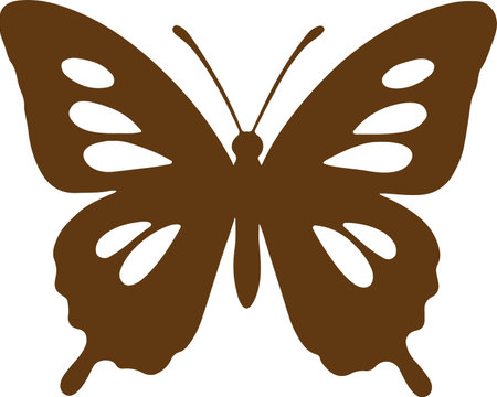A stylized brown butterfly with its wings spread wide, featuring intricate white cutout designs on each wing.のイラスト素材