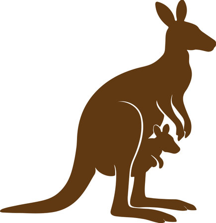A stylized brown silhouette depicts a mother kangaroo with her joey nestled safely within her marsupial pouch.のイラスト素材