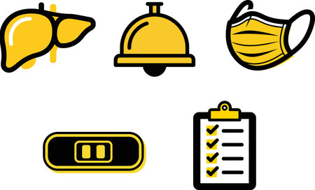A set of five yellow and black icons depicting medical symbols like a liver, bell, mask, pregnancy test, and checklist.のイラスト素材