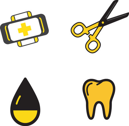 Four distinct icons representing medical and dental care, featuring a first aid kit, scissors, a liquid droplet, and a tooth.のイラスト素材