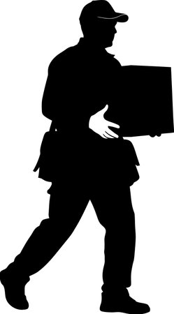 Vector silhouette of a delivery man with a box on a white background.のイラスト素材