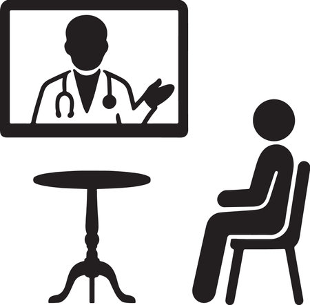 An icon depicting a doctor on a screen consulting with a patient seated in a chair next to a table.のイラスト素材
