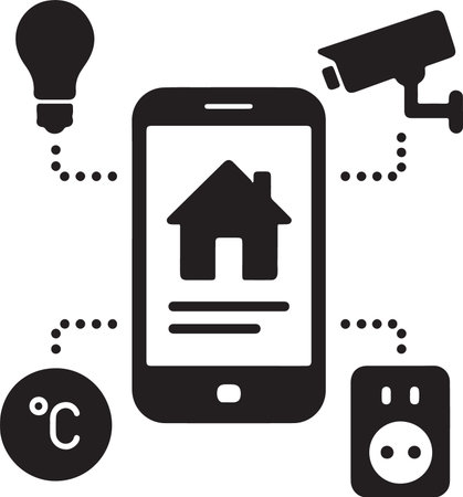 Iconography illustrating smart home devices like a light, camera, thermostat, and outlet controlled by a smartphone.のイラスト素材