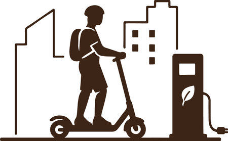 A person on an electric scooter stands next to a charging station with a leaf symbol in a city setting.のイラスト素材