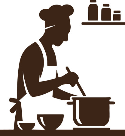 A dark silhouette of a chef in a hat and apron stirring a pot, with bowls and jars visible.のイラスト素材