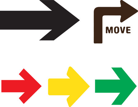 A collection of five distinct arrows, including a large black arrow, a brown L-shaped arrow with the word MOVE, and three smaller arrows in red, yellow, and green, all isolated on a white background.のイラスト素材