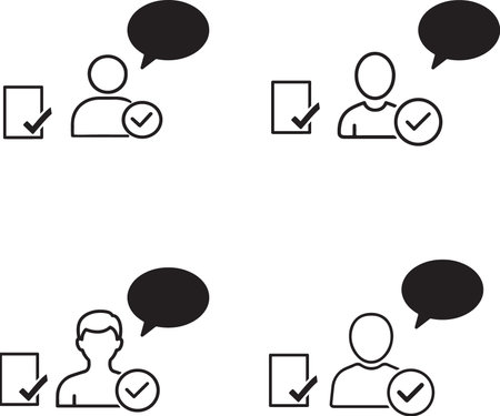 Four distinct icon sets, each featuring a person silhouette, a speech bubble, and a document with a checkmark, all isolated on a clean white background.のイラスト素材