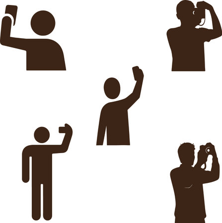 Five dark brown silhouette figures are depicted in various poses, each holding a device to take a picture of themselves, isolated on a clean white background.のイラスト素材
