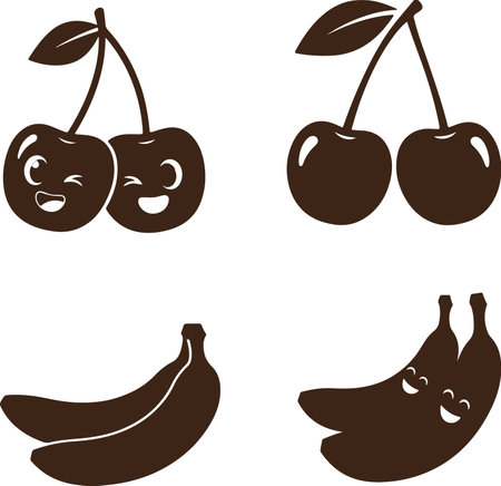 A collection of dark brown silhouettes of cartoon cherries and bananas with expressive faces, all isolated on a clean white background.のイラスト素材