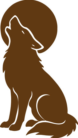 A brown silhouette of a wolf is depicted sitting and howling upwards towards a large, round, full moon.のイラスト素材