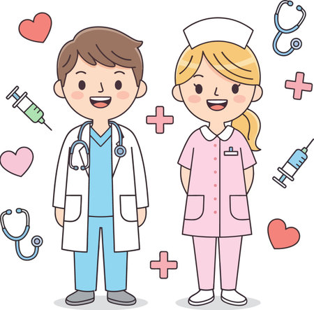 Adorable cartoon doctor and nurse illustrations surrounded by medical icons like hearts and stethoscopes.のイラスト素材