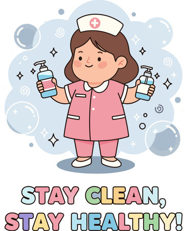 A cheerful cartoon nurse in pink uniform holds sanitizer bottles, encouraging cleanliness and health.のイラスト素材