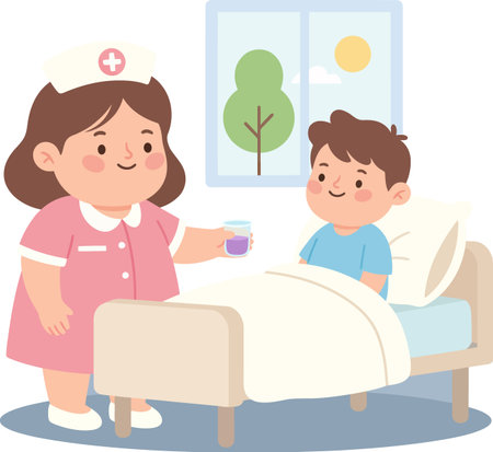 A cheerful nurse gives medicine to a smiling boy in a hospital room.のイラスト素材
