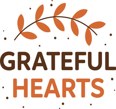 A festive autumn design featuring the words Grateful Hearts surrounded by fall leaves and dots.のイラスト素材