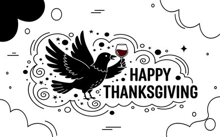 Happy Thanksgiving greeting card with dove and wine glass. Vector illustration.のイラスト素材