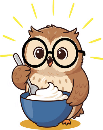 Illustration of a Cute Owl Wearing Glasses Eating a Bowl of Creamのイラスト素材