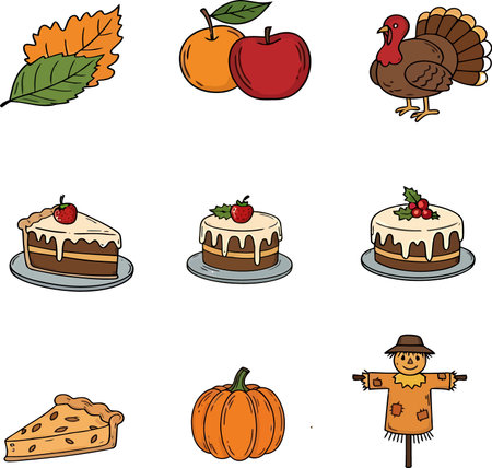 Illustration of different kinds of thanksgiving items on a white backgroundのイラスト素材