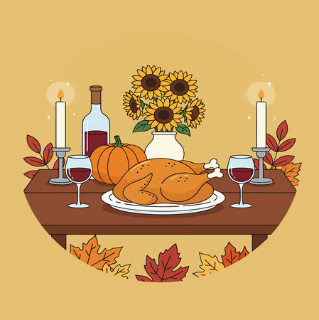 A warm and inviting Thanksgiving feast featuring a roasted turkey, wine, pumpkins, and sunflowers on a decorated table.のイラスト素材