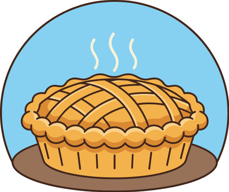 A warm, freshly baked apple pie with a golden lattice crust, steaming gently, presented on a plate.のイラスト素材