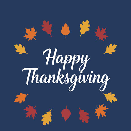 A festive Thanksgiving greeting card with colorful fall leaves forming a circular border around the text.のイラスト素材