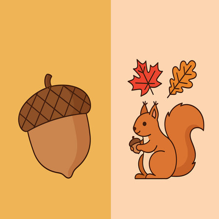 A charming cartoon squirrel clutches an acorn, surrounded by colorful fall leaves, on a split background.のイラスト素材