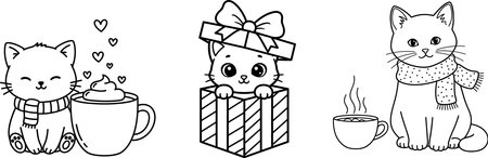 A charming collection of three black and white illustrations featuring adorable cartoon cats. One cat enjoys a warm drink with whipped cream, another peeks out from a gift box, and the third sips a hoのイラスト素材