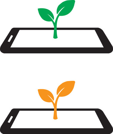Two distinct smartphone silhouettes display vibrant green and orange plant sprouts growing from their screens, symbolizing digital growth.のイラスト素材
