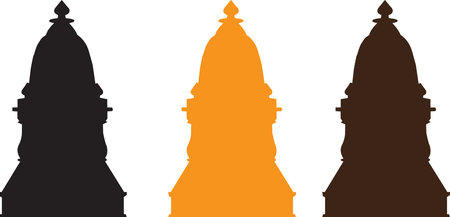 A graphic representation featuring three distinct architectural silhouettes of a tall tower or temple, rendered in black, orange, and brown.のイラスト素材
