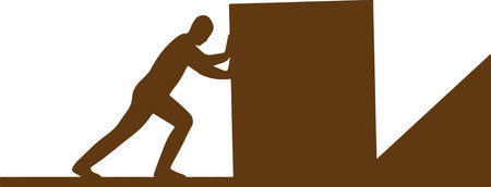 A brown silhouette of a person pushing a large, imposing wall upwards on a steep incline.のイラスト素材