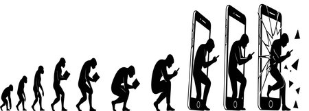A silhouette progression from early hominids to modern humans engrossed in smartphones and digital screens.のイラスト素材