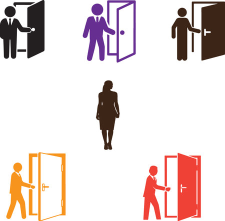 A collection of stylized human figures in silhouette, depicted opening and closing various colored doors, all isolated on a clean white background.のイラスト素材