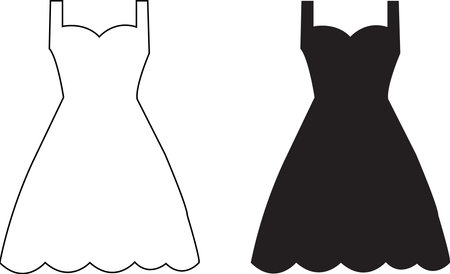 Two dresses are shown, one as a black silhouette and the other as a white outline, highlighting the silhouette style.のイラスト素材