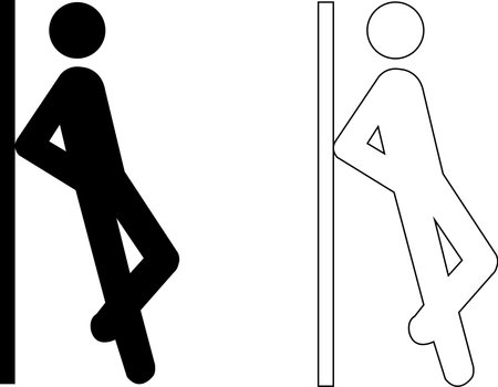 Two stylized figures, one solid black and one outlined white, lean against a vertical line, showcasing a distinctive silhouette style.のイラスト素材