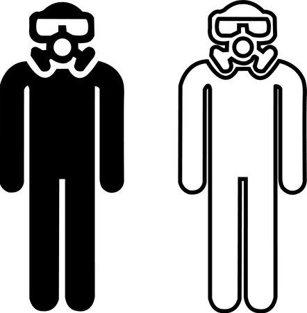 A black and white silhouette of two figures in full protective gear, including gas masks and suits.のイラスト素材