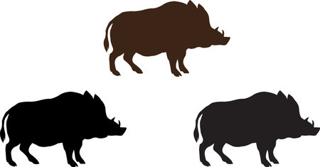 This image showcases three warthog silhouettes in black, dark brown, and a lighter black, highlighting their unique form.のイラスト素材