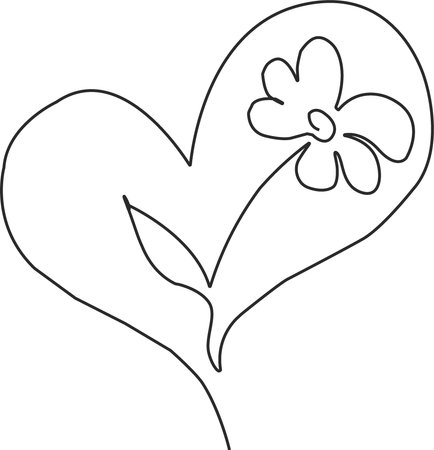 A charming, minimalist black and white silhouette of a heart adorned with a simple flower and leaf design.のイラスト素材